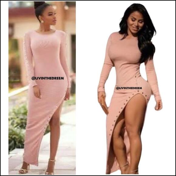 Hot and Delicious Pink Bodycon High Slit Studded Maxi NWT - Picture 1 of 9